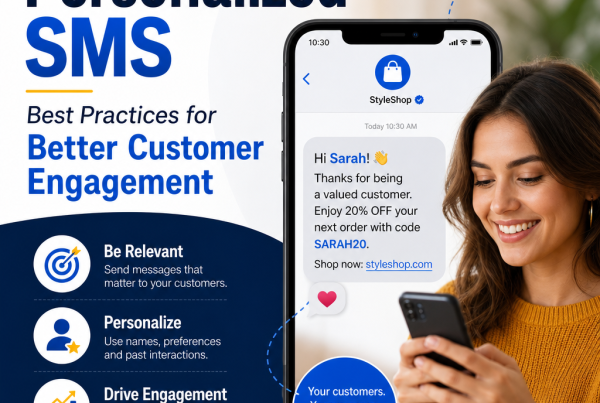 Illustration of personalized SMS marketing on a phone, showing targeted messages and customer engagement icons