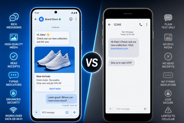 RCS messaging vs SMS comparison showing key features, benefits, and business communication differences