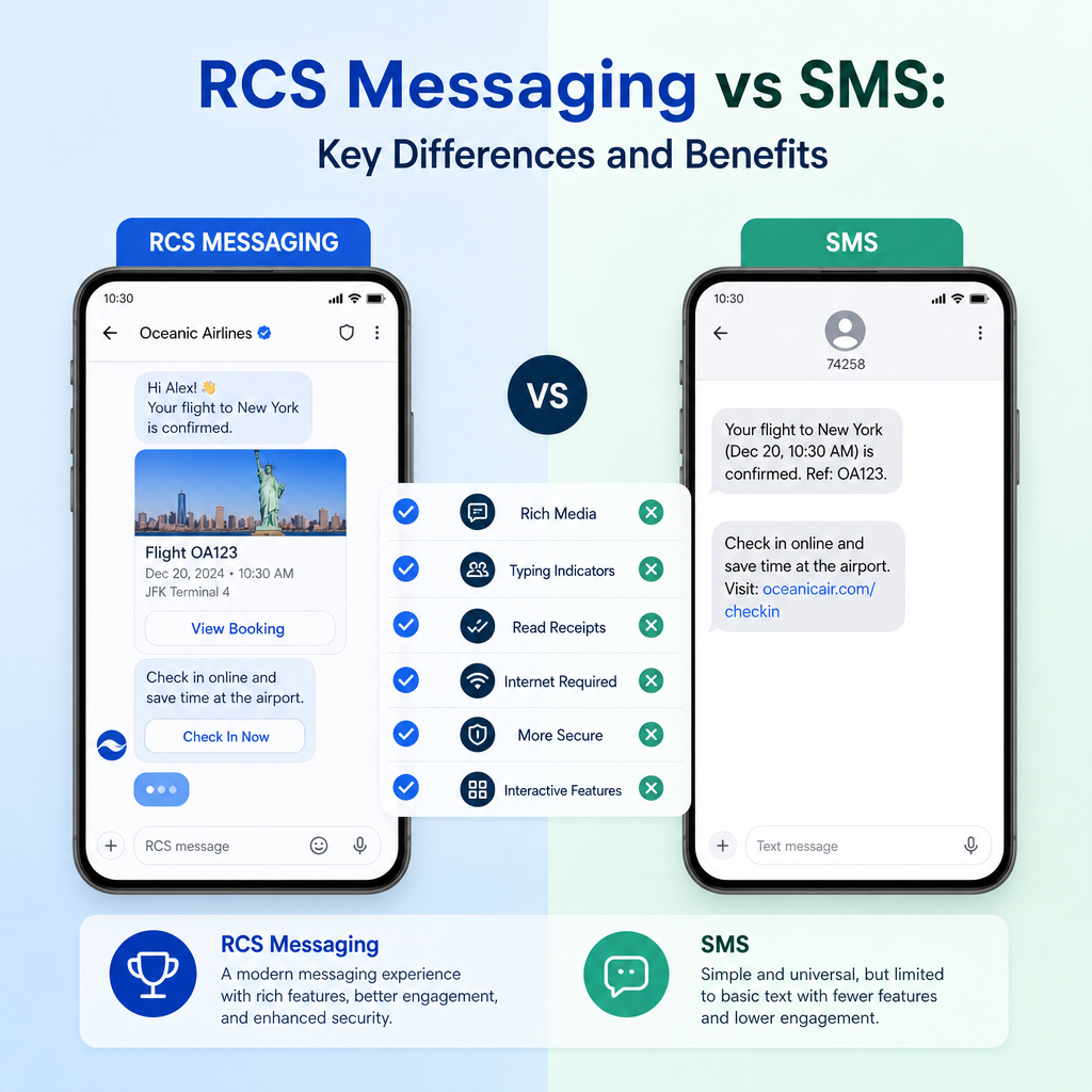 Comparison graphic of RCS messaging and SMS highlighting richer features, media sharing, and read receipts