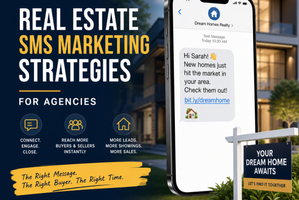 Real estate agents using SMS marketing to send listing updates and follow-up messages on a phone dashboard