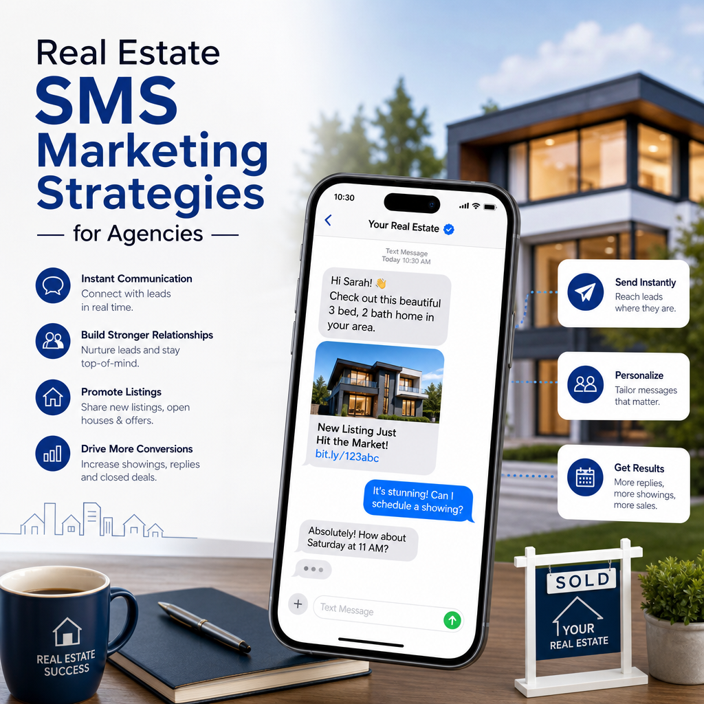 Promotional image for Real Estate SMS Marketing Strategies showing a phone with a real estate chat and icons for benefits like instant communication and personalized messages, with a sold sign in the background.