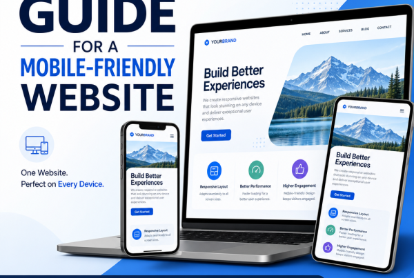 Responsive design guide showing a mobile-friendly website on a laptop and smartphones