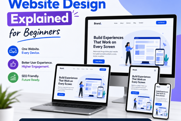 Illustration of responsive website design on desktop, laptop, tablet, and mobile screens