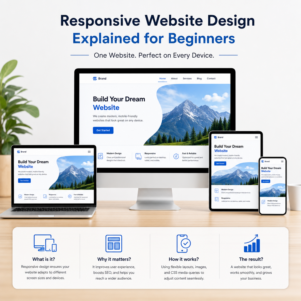 Responsive website design shown on desktop, laptop, tablet, and smartphone screens