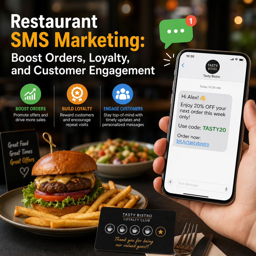 Restaurant owner sending personalized SMS offers to customers on a phone, promoting orders and loyalty