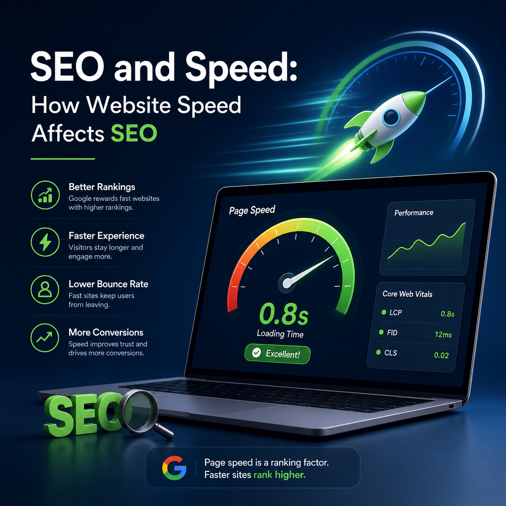 SEO and Speed Impact on Rankings - eBeirut Infographic showing how website speed affects SEO rankings, user experience, bounce rate, and conversions