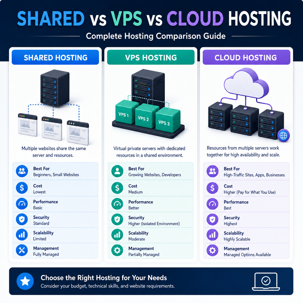 Shared vs VPS vs Cloud Hosting Comparison - eBeirut Comparison chart of shared, VPS, and cloud hosting for website needs