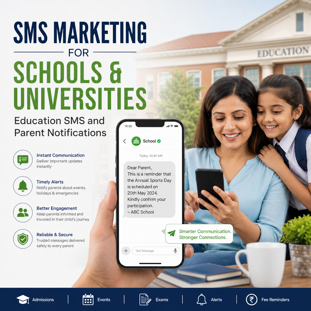 School SMS marketing dashboard sending education updates and parent notifications to students and parents