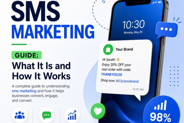 Illustration of SMS marketing with a phone showing text messages, emphasizing fast customer engagement and promotions