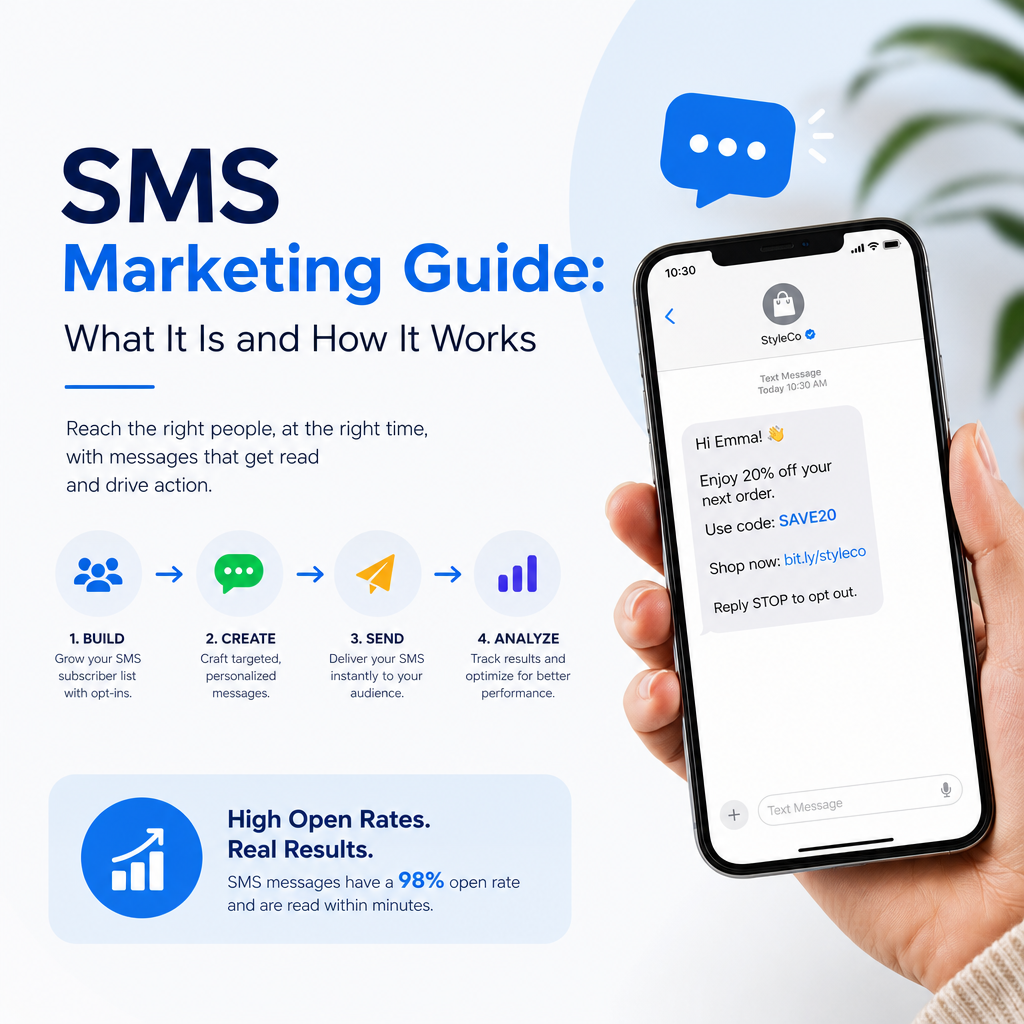 SMS Marketing Guide - eBeirut Illustration of a smartphone showing SMS marketing messages, updates, and promotions for customers