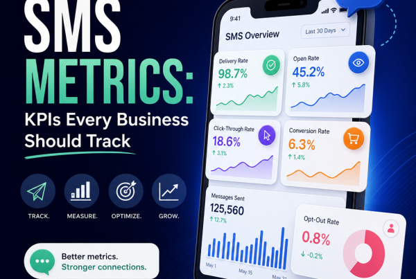 SMS metrics dashboard with KPIs for engagement, conversions, and ROI