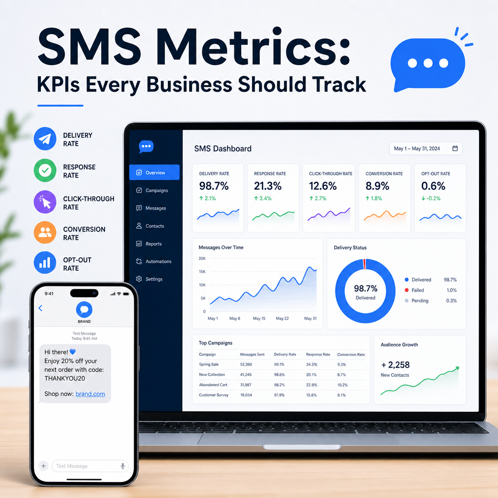 SMS metrics dashboard on laptop and phone showing KPIs for business text campaigns