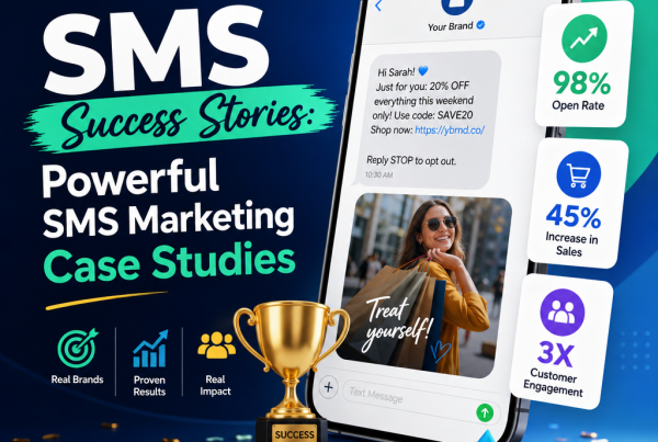 SMS success stories: chart showing high open rates, sales growth, and engagement from text campaigns