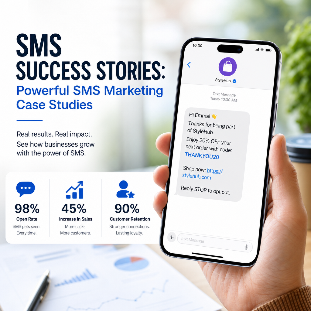 SMS Marketing Success Stories - eBeirut Dashboard showing SMS success stories with high open rates, more sales, and stronger customer retention
