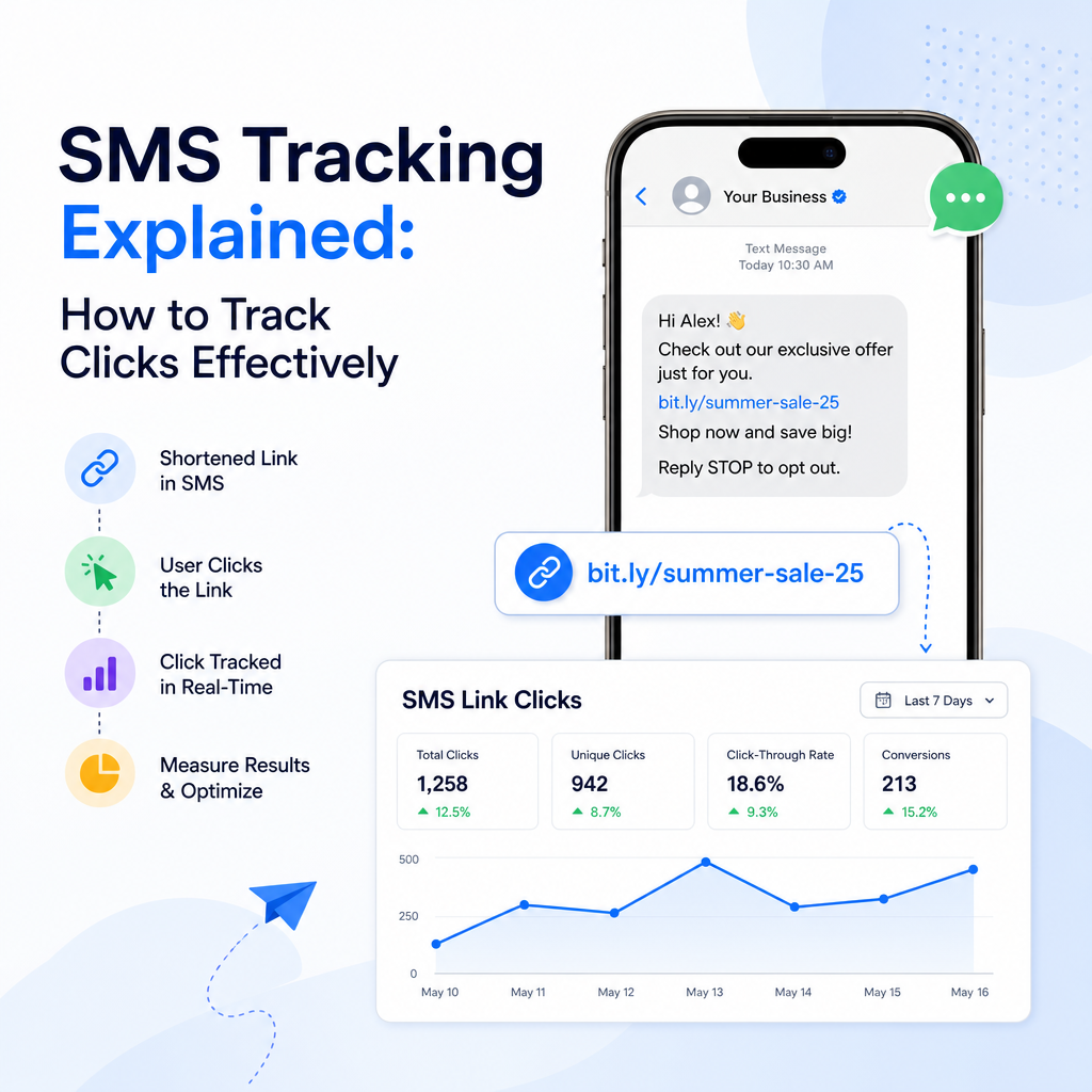 Infographic showing SMS tracking, click data, and optimization tips for monitoring text message results