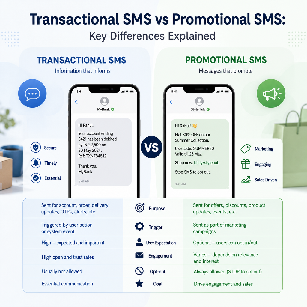 Transactional SMS vs Promotional SMS - eBeirut Comparison chart of transactional SMS and promotional SMS showing key differences in purpose, content, and compliance