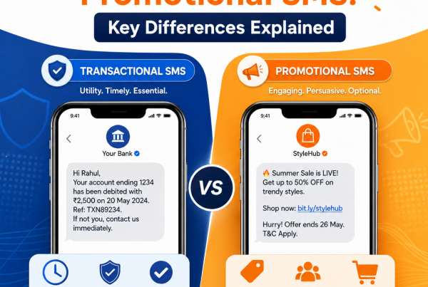 Comparison infographic showing differences between transactional SMS and promotional SMS in marketing
