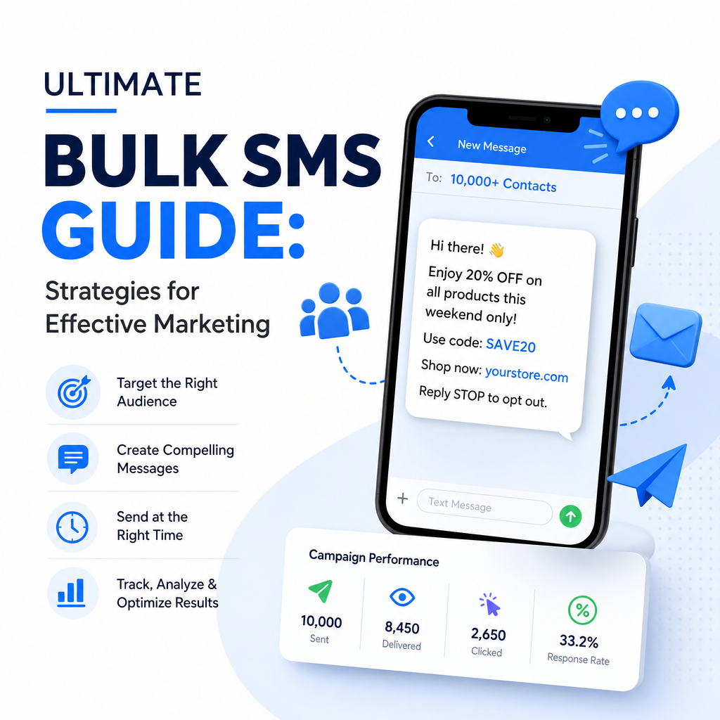 Bulk SMS marketing infographic showing targeting, messaging, timing, and analytics strategies