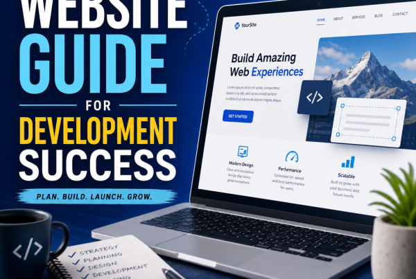 Website guide infographic showing planning, design, development, testing, launch, and growth steps