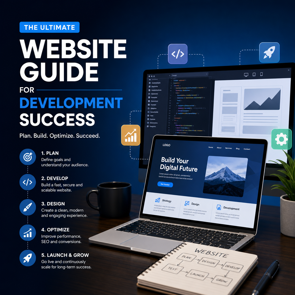 Website Development Success Guide - eBeirut Website development guide illustrating planning, designing, optimizing, and launching steps