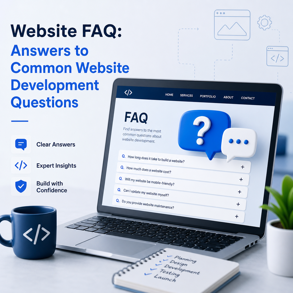 Laptop showing a website FAQ page with common website development questions and answers