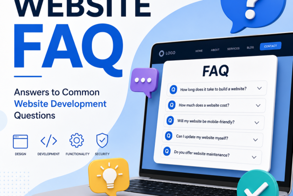Website FAQ page on a laptop screen with common website development questions and answers