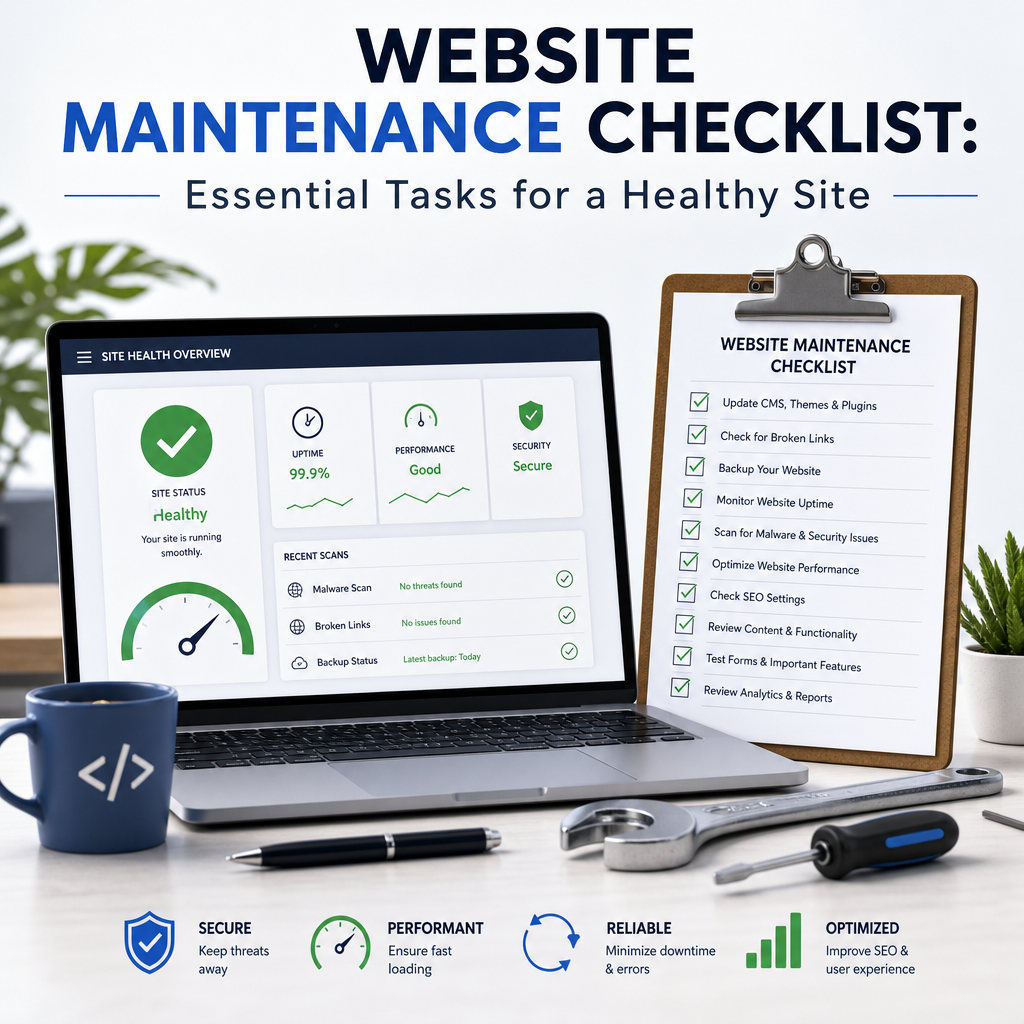 Website Maintenance Checklist - eBeirut Laptop and clipboard showing a website maintenance checklist for keeping a site healthy and secure