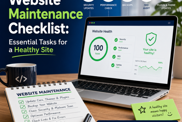 Checklist icon with website maintenance tasks for a healthy, secure site