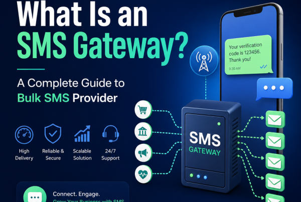 Illustration of an SMS gateway bulk SMS provider with high delivery, security, scalability, and 24/7 support icons