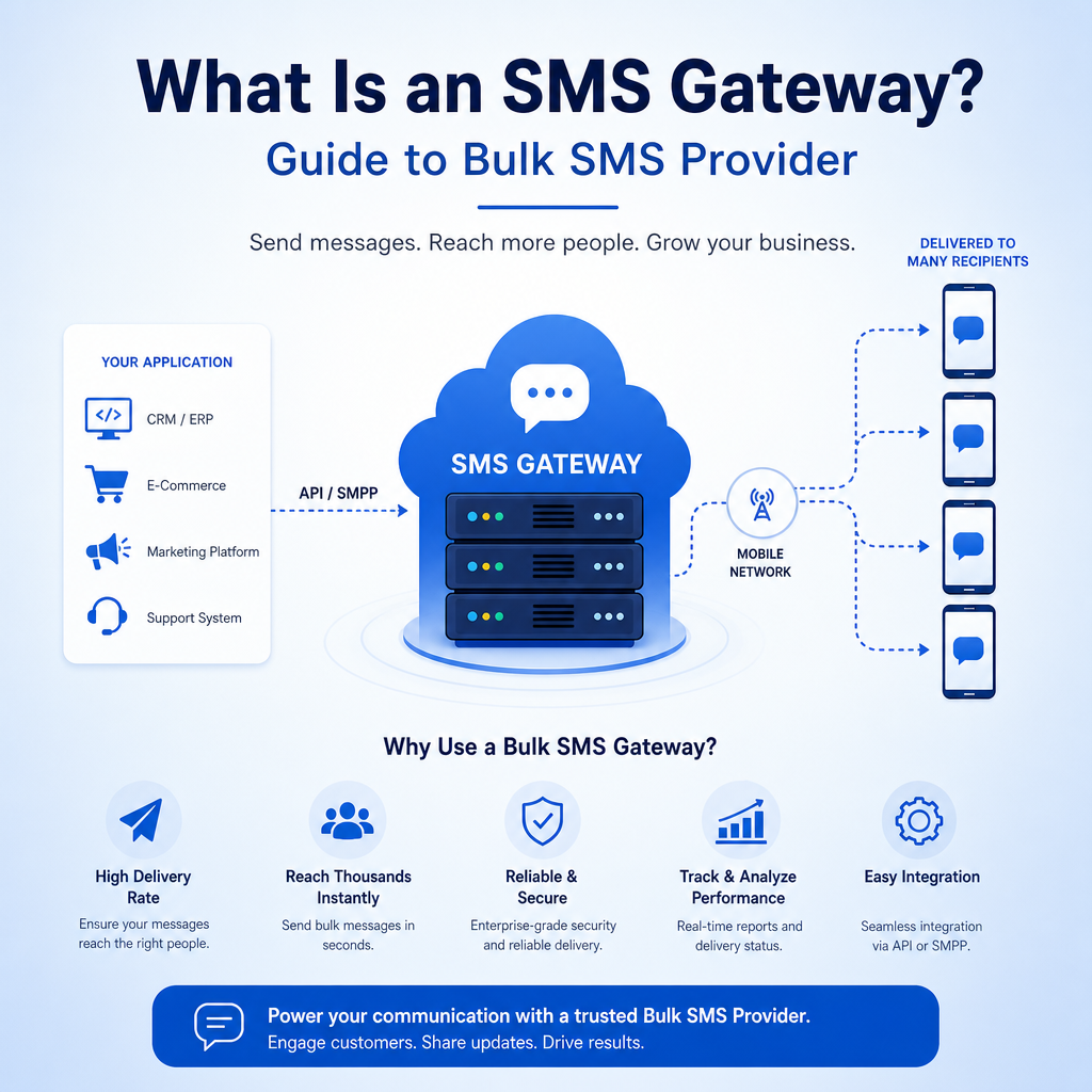 Infographic explaining how an SMS gateway sends digital messages as text messages for bulk SMS providers