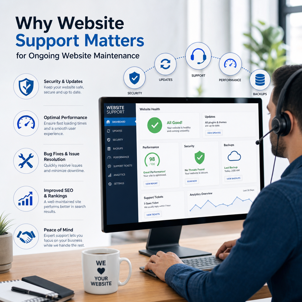 Website Support for Ongoing Maintenance - eBeirut Professional website support dashboard showing security, updates, performance, SEO, and maintenance icons