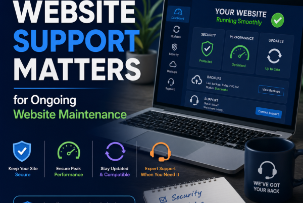 Dashboard with website support icons showing maintenance, security, performance, and updates.